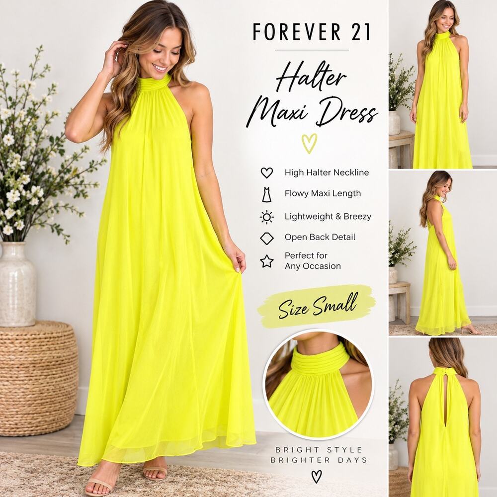 Forever 21 Yellow Neon Halter Maxi Dress S Sleeveless High Neck Chiffon